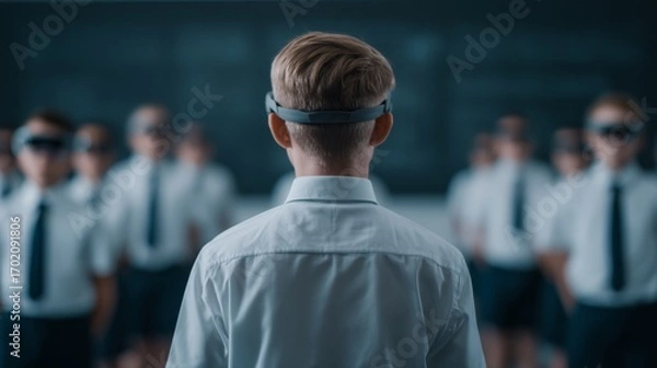 Fototapeta A group of students wearing virtual reality headsets stands in formation, with one student facing away, creating a scene of immersive learning or training.