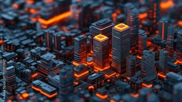 Fototapeta A futuristic cityscape featuring glowing orange and blue buildings set against a dark background, creating a high-tech, cyberpunk atmosphere.