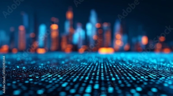 Fototapeta A futuristic cityscape with glowing blue dots creating a digital surface, set against a blurred urban skyline illuminated in warm colors.