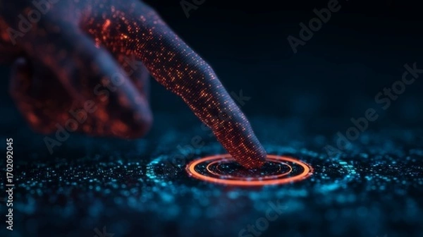 Fototapeta A digital hand reaches toward a glowing circle, surrounded by vibrant particles, illustrating the connection between technology and human interaction.