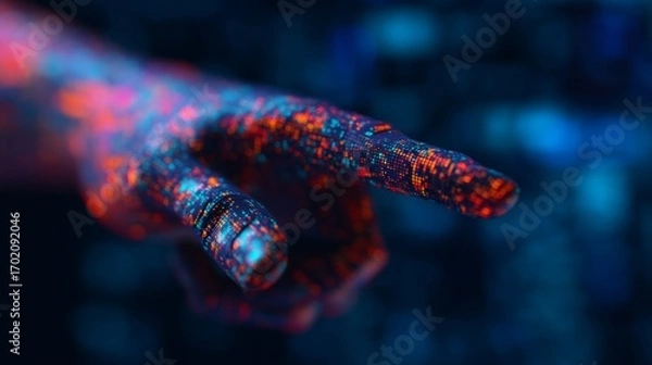 Fototapeta A vividly illuminated hand is reaching forward, displaying intricate digital patterns in vibrant colors against a dark background.