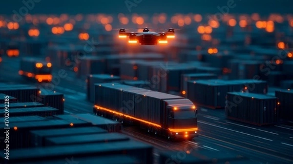 Fototapeta A futuristic scene featuring a truck and a drone operating in a vast shipping yard illuminated by glowing lights.