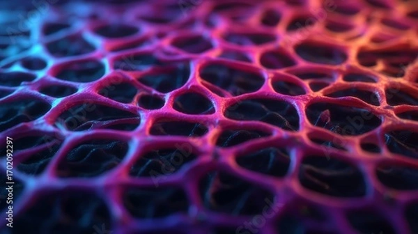 Fototapeta A vibrant, abstract close-up of a textured surface showcasing interconnected patterns in shades of pink and blue.