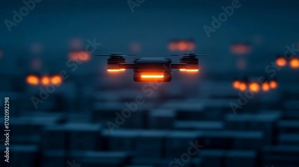 Fototapeta A sleek drone hovers in a dimly lit environment, illuminating its surroundings with orange lights, amidst a backdrop of abstract structures.
