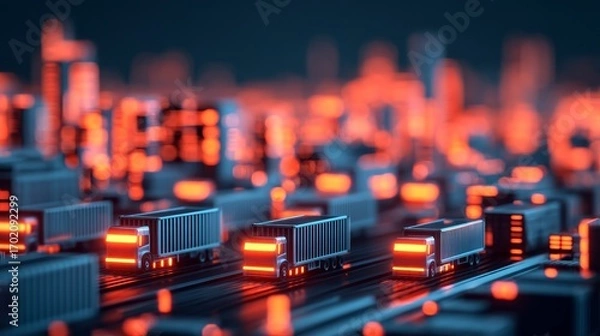 Fototapeta A futuristic cityscape featuring illuminated trucks on a digital roadway, set against a backdrop of glowing skyscrapers and vibrant colors.