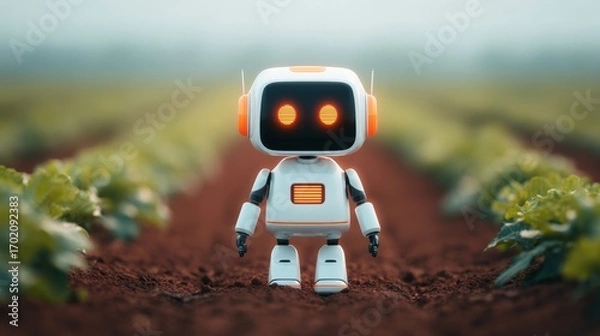Fototapeta A small robot with glowing eyes stands in a field of crops, representing the intersection of technology and agriculture.