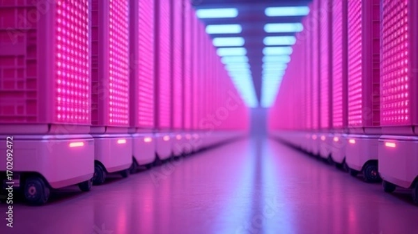 Fototapeta A futuristic corridor lined with robotic carts illuminated by vibrant pink and blue lights, creating a high-tech ambiance.