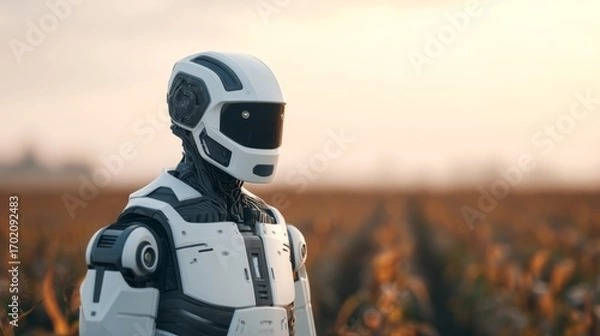 Fototapeta A humanoid robot stands in a field at sunset, showcasing the intersection of technology and agriculture in a serene landscape.