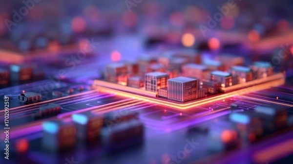 Fototapeta A vibrant close-up of a circuit board with illuminated components, showcasing advanced technology and intricate designs in electric hues.