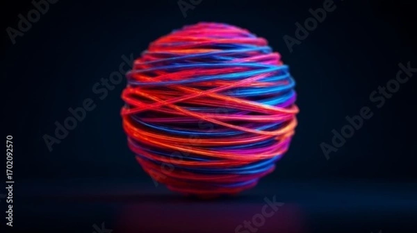 Fototapeta A colorful, illuminated sphere made of intertwined wires, set against a dark background, creating an intriguing visual effect.