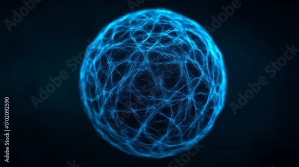 Fototapeta A glowing blue sphere composed of intricate interconnected lines, set against a dark background, creating a dynamic and futuristic visual effect.
