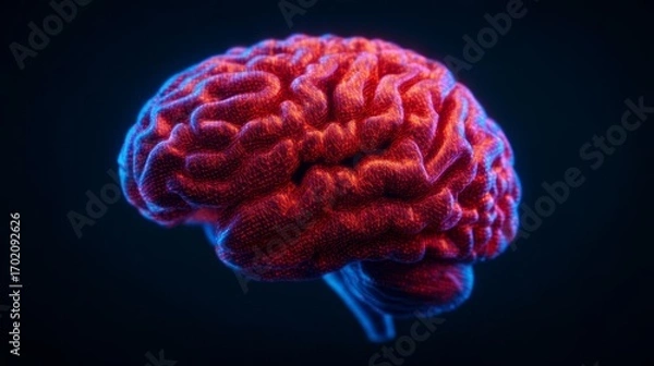 Fototapeta A vibrant, stylized representation of a human brain, featuring intricate details in red and blue against a dark background, symbolizing creativity and intelligence.