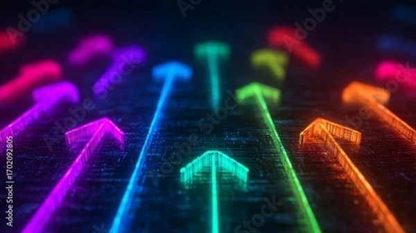 Fototapeta A vibrant digital graphic featuring glowing arrows in various colors, symbolizing direction and progress against a dark background.