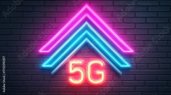 Fototapeta Neon sign displaying a stylized "5G" symbol with vibrant pink and blue colors against a dark brick background.