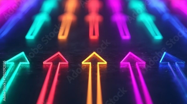 Fototapeta A vibrant display of colorful neon arrows pointing upward, creating a dynamic and energetic visual pattern on a dark background.