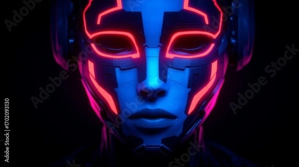 Fototapeta A futuristic close-up of a robotic face featuring vibrant neon lights and intricate designs, creating a striking visual impact.