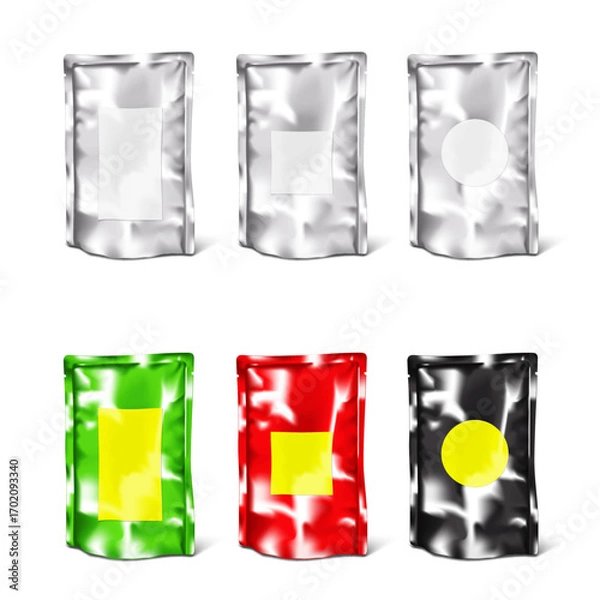 Fototapeta Foil stand-up pouch with blank paper label sticker. Silver, black, color design. Easy editable mockup. Bottom gusseted tear notch bag. Realistic vector mock-up. Standup food package. Template set