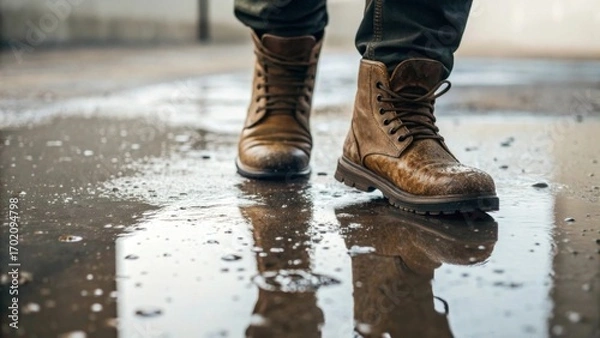 Fototapeta Closeup of muddy boots stepping on wet concrete floor with water puddles realistic texture and reflections indoor environment