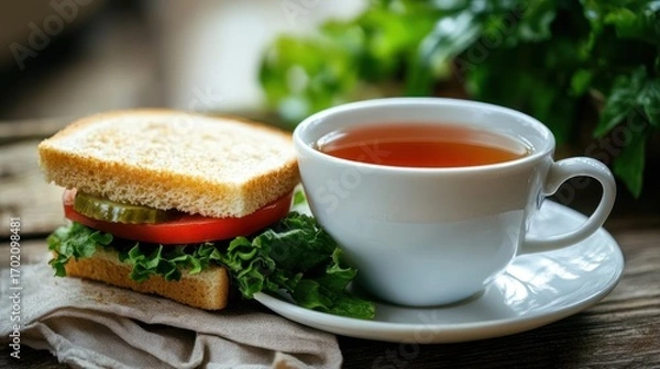 Fototapeta Sandwich and tea, simple lunch