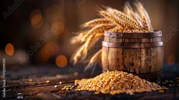 Fototapeta A rustic wooden barrel filled with golden wheat grains and stalks, set against a blurred, warm-toned background.