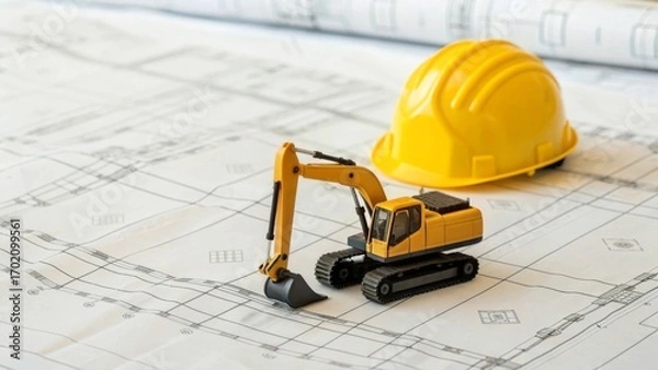 Fototapeta Exploring hydraulic excavator model on construction site blueprint with yellow helmet for civil engineering planning
