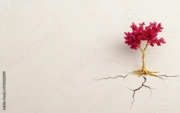 Fototapeta A small red tree grows from cracks in a barren surface, symbolizing resilience.