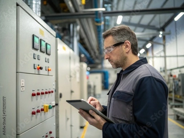 Fototapeta Electrical engineer inspecting control panel with digital tablet indoors in industrial environment medium shot for enhanced operational insights