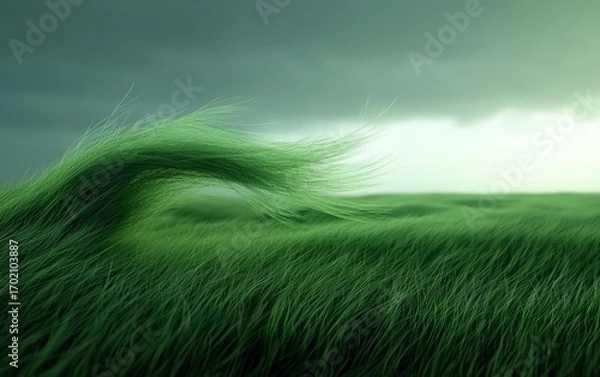 Fototapeta A field of lush green grass sways under a cloudy sky.