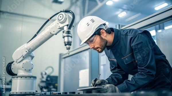 Fototapeta Industrial engineer inspecting robotic arm on factory floor medium shot with clean industrial background and soft studio highlights for quality control