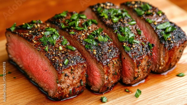 Fototapeta Juicy New York strip steak with cracked pepper crust, high-resolution image for culinary inspiration.