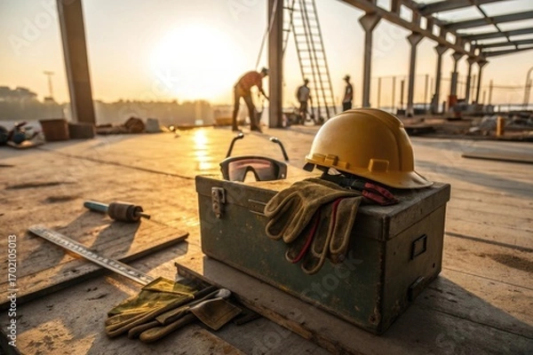 Fototapeta Construction tools and gear setup site floor toolbox with gloves and helmet golden hour lighting close-up view rustic metal toolbox concept