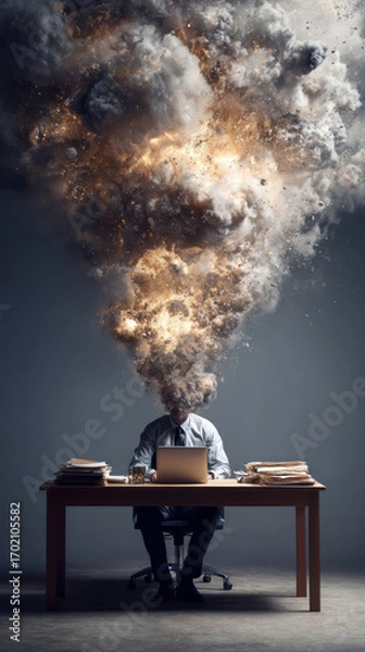 Fototapeta Stressed businessman feeling anxiety and pressure from work overload. burnout explosion showing mental health crisis