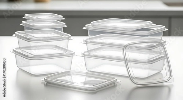 Fototapeta Clear plastic food storage containers with lids on a white surface.