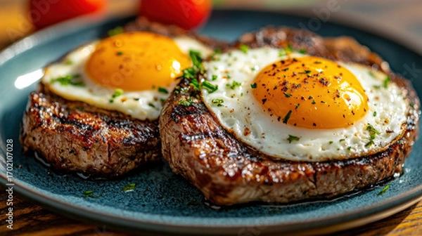 Fototapeta Delicious steak and egg breakfast plate showcasing high-quality food photography.