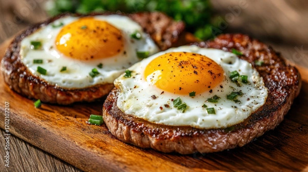 Fototapeta Delicious steak and egg breakfast plate showcasing high fidelity details in a vibrant presentation.