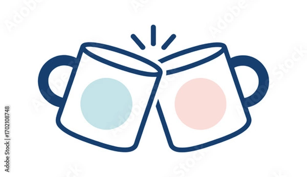 Fototapeta Vector illustration of two coffee mugs clinking together in simple minimal design, representing social celebration, hot drinks, coffee break, or friendship concept