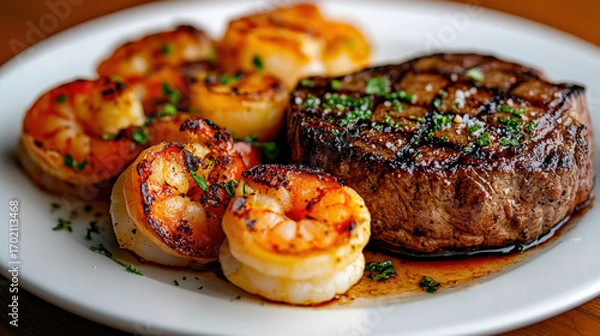 Fototapeta Delicious surf and turf featuring steak and grilled shrimp, enhanced for high fidelity visuals.