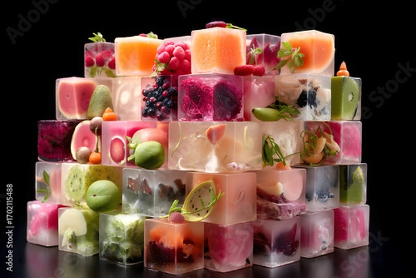 Fototapeta Colorful blocks of frozen fruit create a vibrant display in a creative culinary art piece