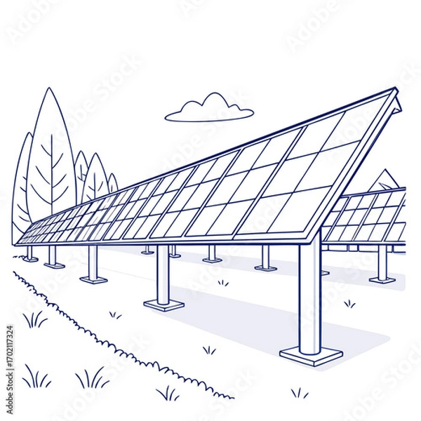 Obraz Clean energy solar panel array in a field with trees and a single cloud overhead