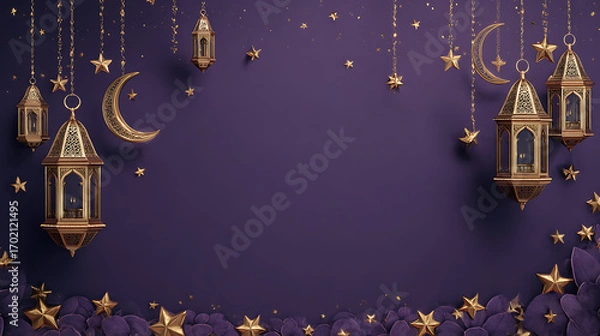 Fototapeta Elegant purple background adorned with lanterns, stars, and crescent moons, perfect for celebrations