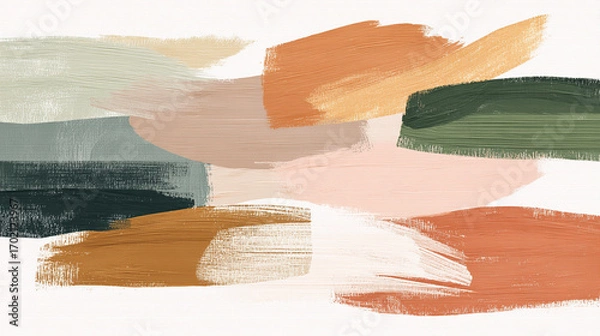 Fototapeta Abstract composition with expressive brush strokes in neutral colors, including shades of brown, green, and peach, creating a modern backdrop