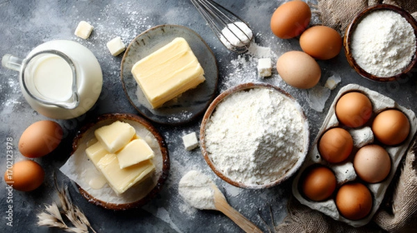 Fototapeta Flat lay of baking ingredients including eggs, butter, flour, and milk on textured surface, evoking sense of culinary creativity and preparation