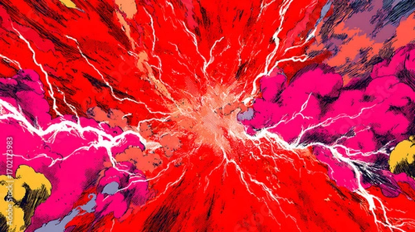 Fototapeta Explosive burst of vibrant colors with lightning strikes and swirling clouds in dynamic background