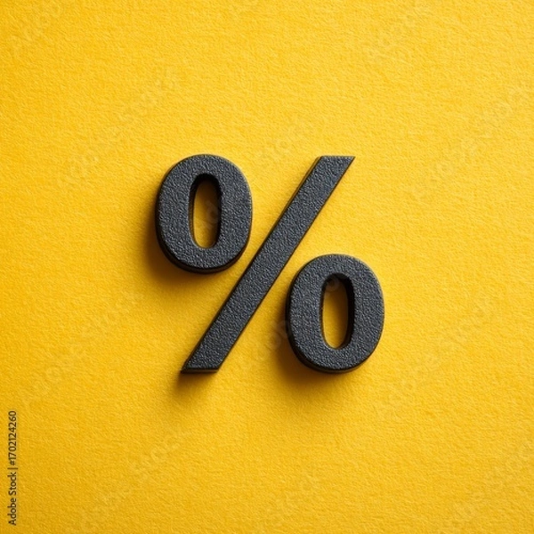 Obraz Close up of a textured sparkling percentage sign on a bright yellow background symbolizing discounts and sales