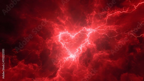 Fototapeta Dramatic red lightning forming a heart shape in a stormy sky with dark clouds