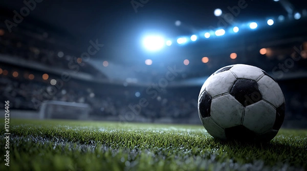 Fototapeta A close-up view of a soccer ball on the grass in a dimly lit stadium during a match