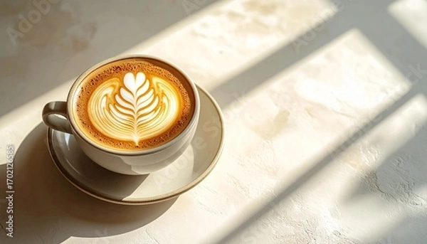 Fototapeta A delightful cup of latte art bathed in the gentle glow of sunlight, casting artistic shadows across the surface. The warm beverage presents an inviting and comforting scene