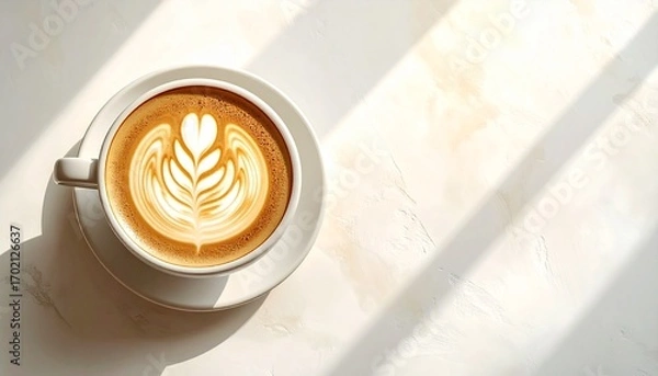 Fototapeta A cappuccino with latte art, bathed in sunlight, evokes a sense of warmth and tranquility. The coffee sits on a saucer