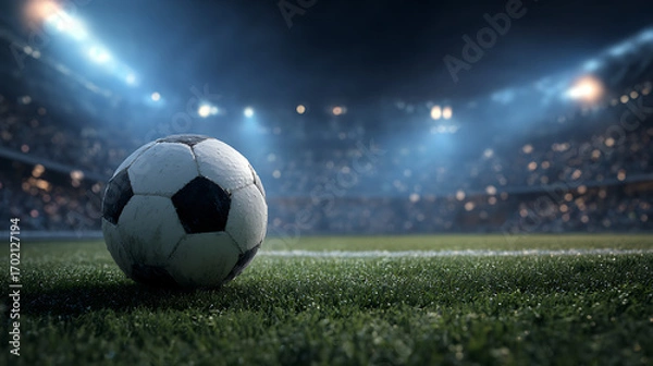 Fototapeta A close-up view of a soccer ball on a vibrant stadium field during an evening match