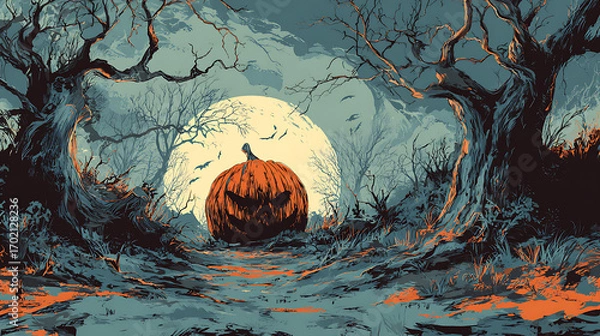 Fototapeta Spooky Halloween scene featuring a large carved pumpkin under a full moon with eerie trees